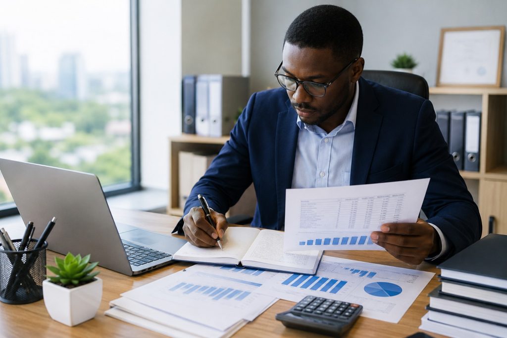 Business owner reviewing tax compliance documents and financial records in Rwanda.